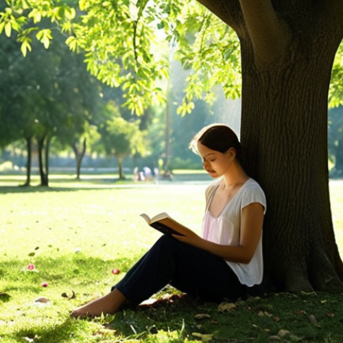 **

A person in a serene park, sitting under a tree reading a physical book. Sunlight filters through the leaves. In the background, there's a subtle hint of nature, such as flowers or birds. The overall mood is peaceful and focused.

**